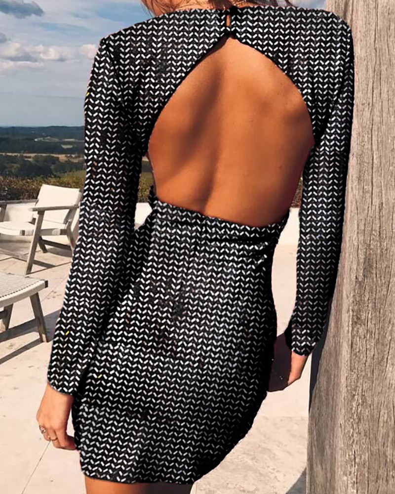 black glitter plunge long sleeve bodycon dress