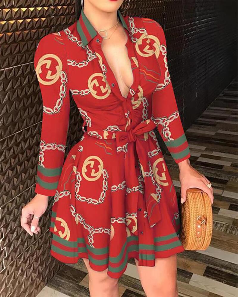 

Mixed Print Buttoned Long Sleeve Ruffles Dress, Red