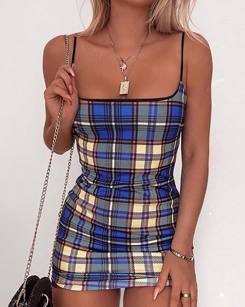 

Spaghetti Strap Colorblock Grid Print Dress, Blue