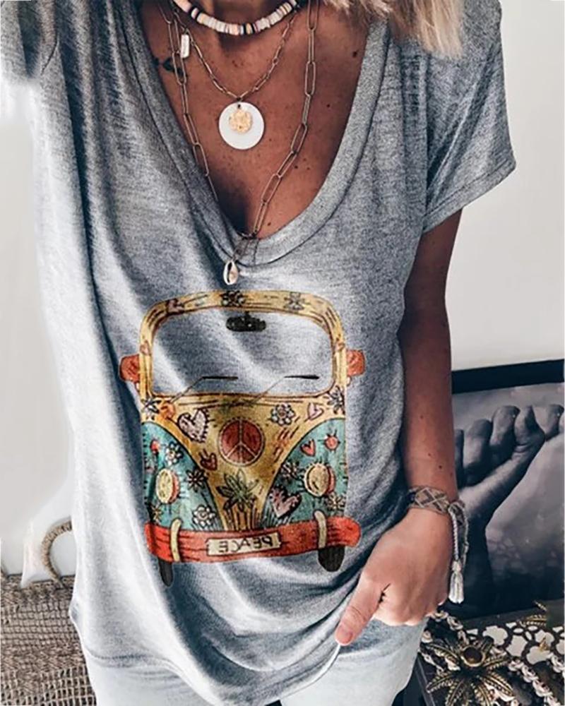 

Car Print V-neck Casual T-shirt, Gray