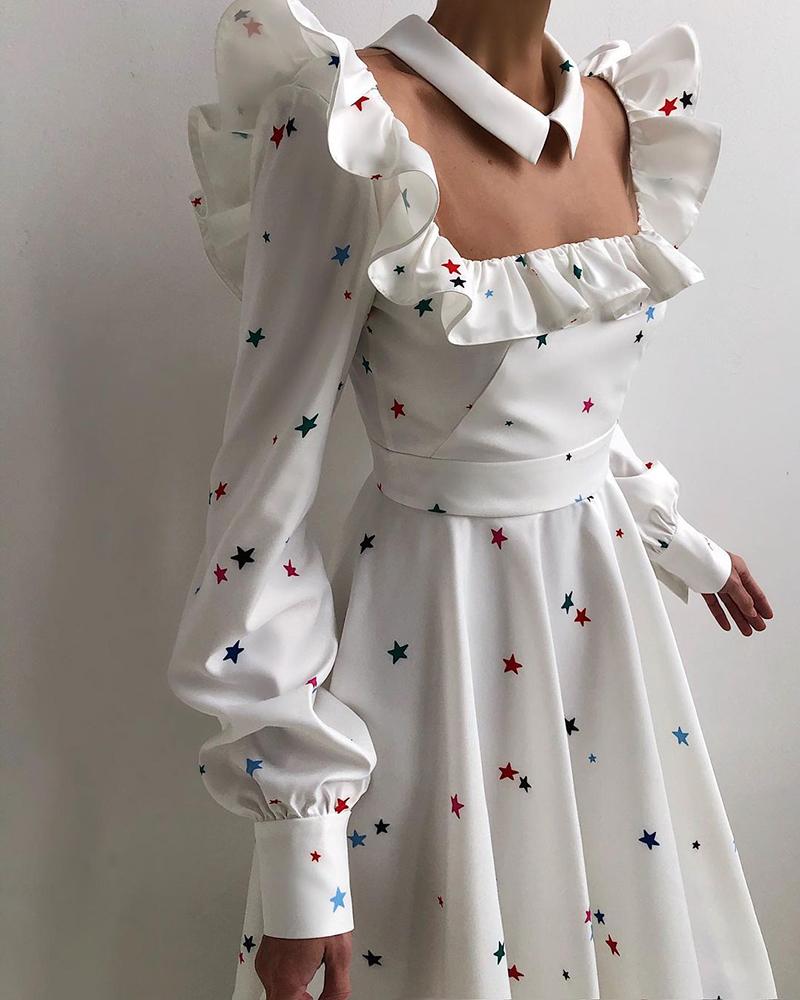 

All Over Print Square Neck Ruffles Hem Long Sleeve Dress, White