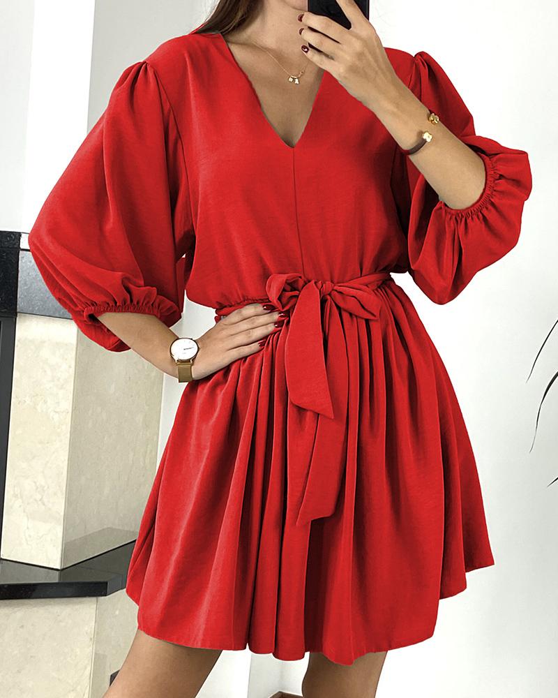 

Lantern Sleeve Plain Casual Dress, Red