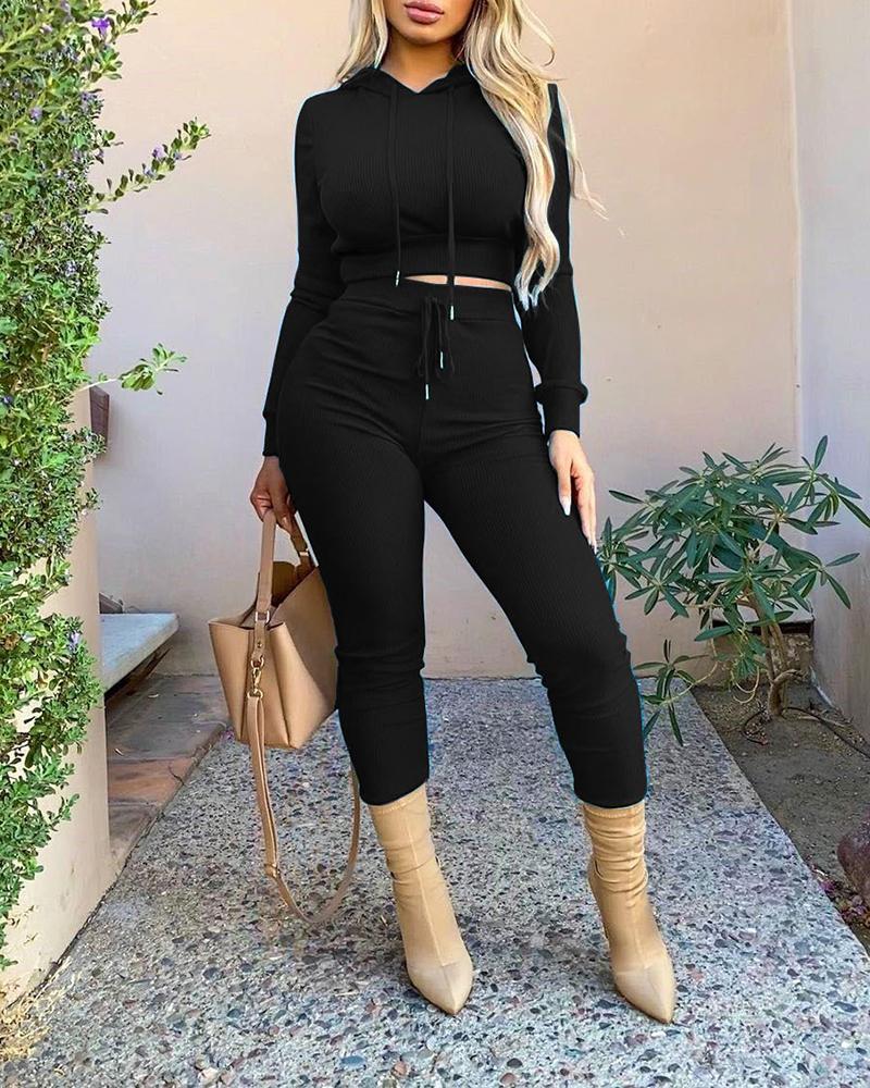 

Plain Hooded Women Top & Drawstring Pants Set, Black