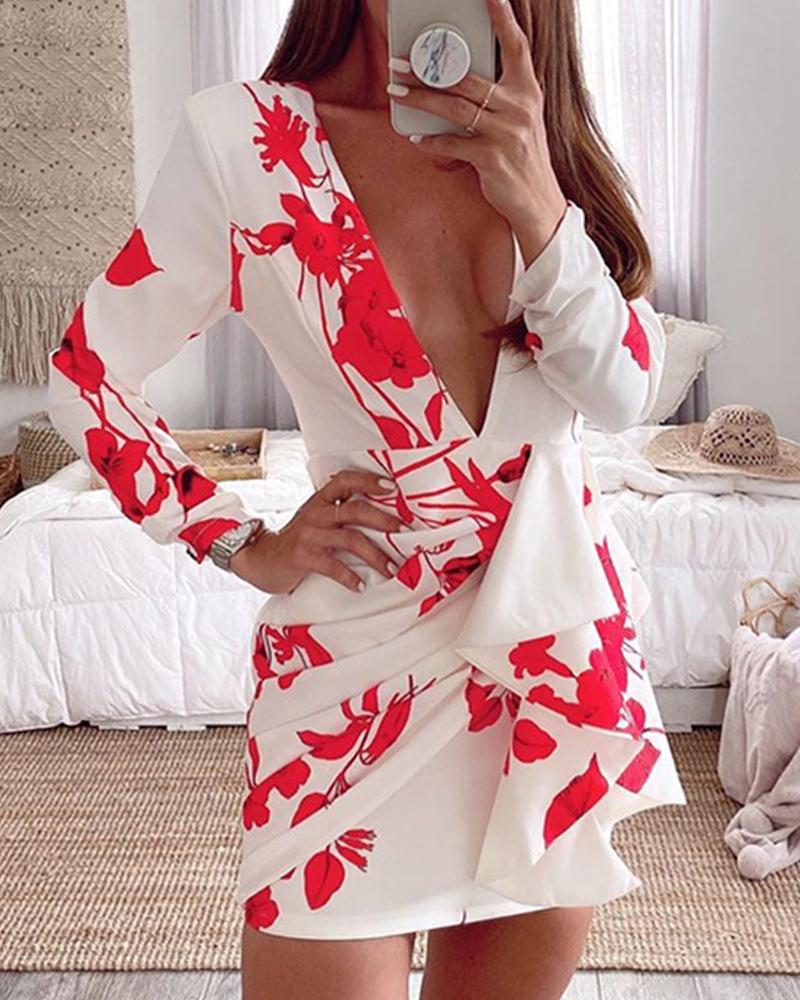 

Floral Print Long Sleeve Skinny Mini Dress, Red