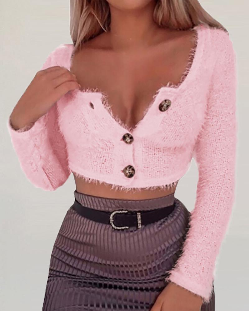 

Solid Long Sleeve Buttoned Crop Sweater, Pink