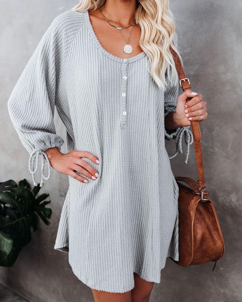 

Button Front Lantern Sleeve Casual Dress, Gray