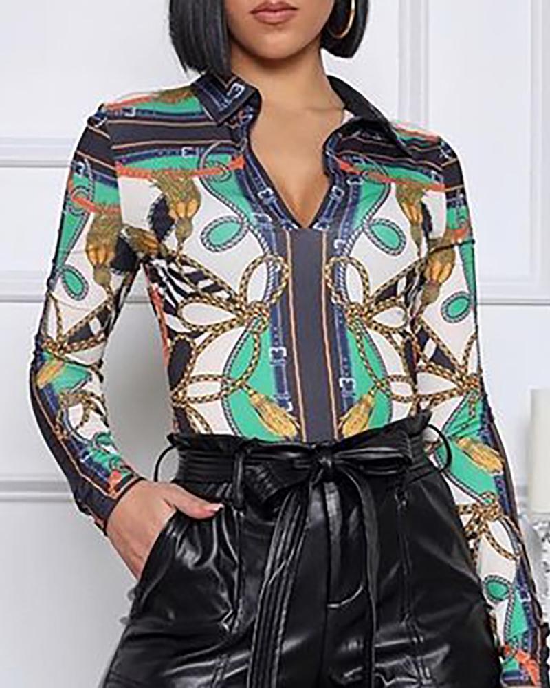 

Scarf Print Long Sleeve Shirt, Green