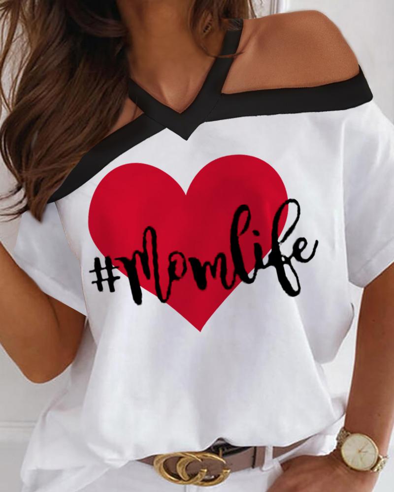 

Mother' Day Heart Letter Print Cold Shoulder Short Sleeve Top, White