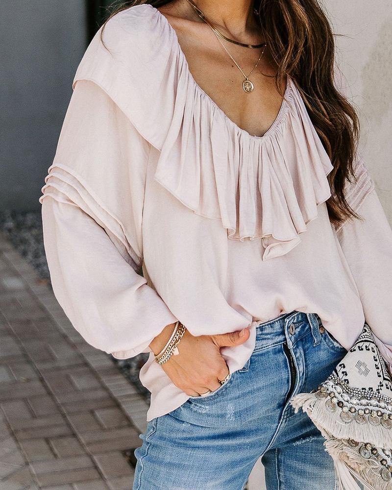 

Ruffles Hem Long Sleeve Casual Blouse, Apricot