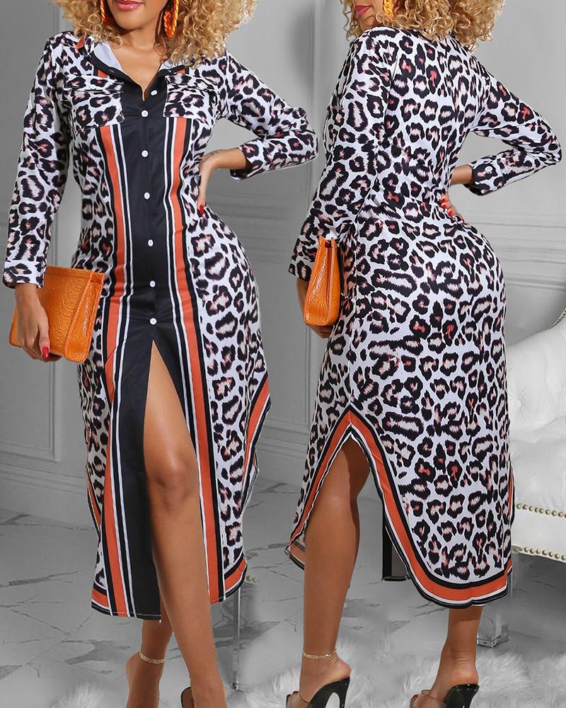 

Cheetah Print Colorblock Slit Shirt Dress, Gray