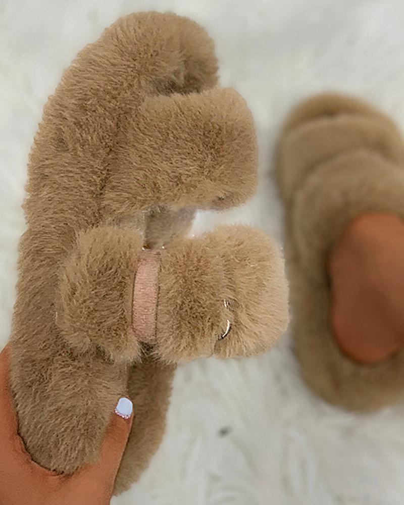 

Plain Buckled Fluffy Slippers, Khaki