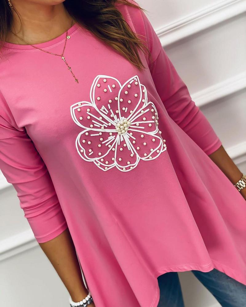 

Asymmatrical Beaded Design Floral Print Top, Pink