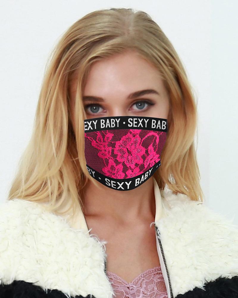 

Crochet Lace Letter Embroidery Breathable Face Mask, Hot pink