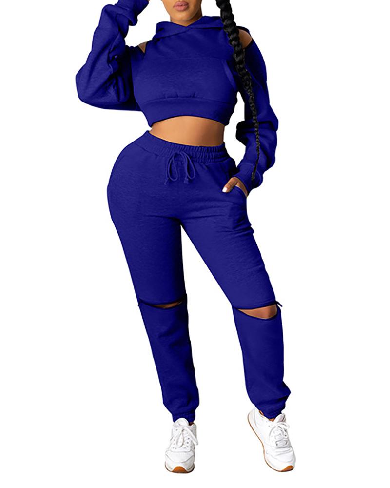 

Cold Shoulder Hooded Crop Top & Drawstring Cutout Pants Set, Dark blue