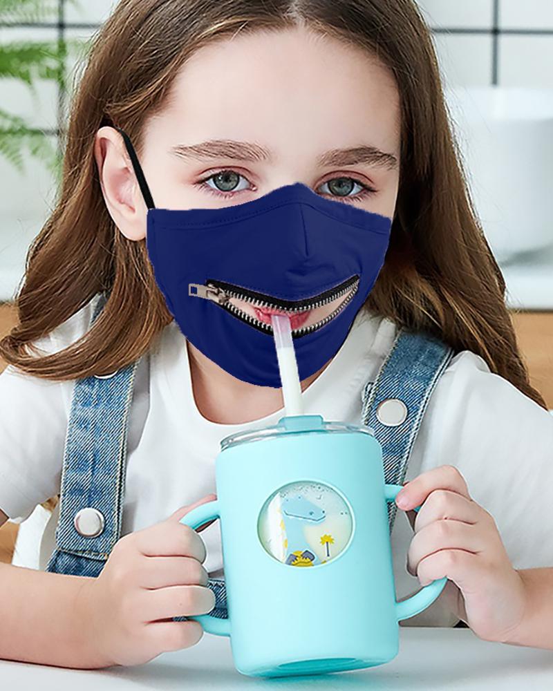 

Zipper Design Solid Breathable Mouth Mask For Kids, Dark blue