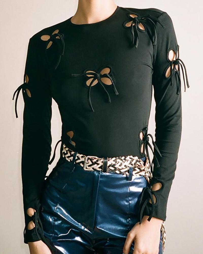 

Butterfly Pattern Cutout Round Neck T-shirt, Black