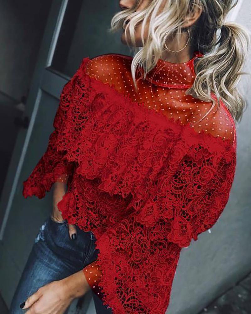 

Mesh Lace Irregular hollow Blouse, Red
