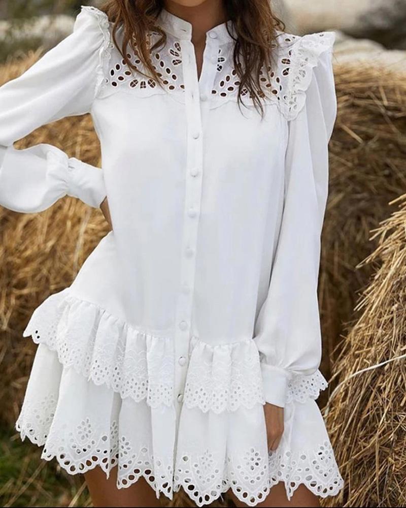 

Hollow Out Ruffles Hem Long Sleeve Dress, White
