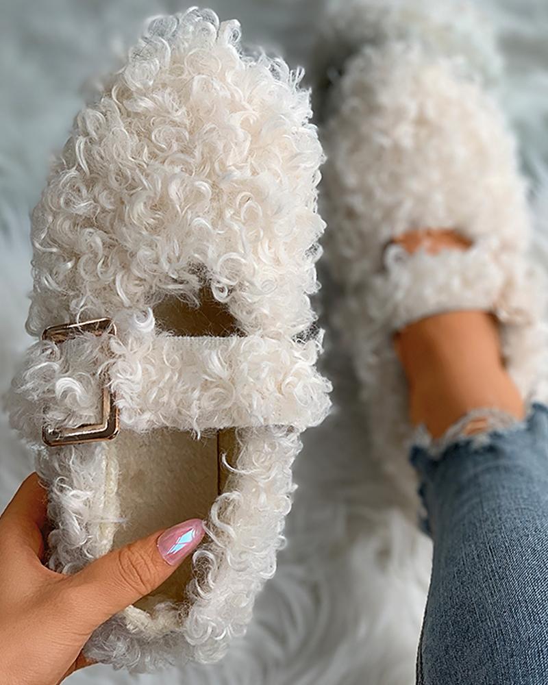 

Close Toe Buckled Fluffy Shoes, Beige