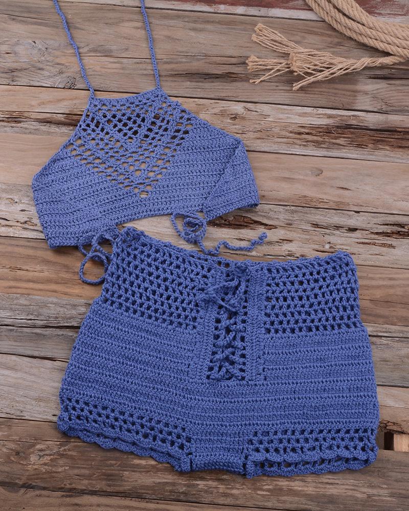 

Hollow Out Halter Crochet Tankini Set, Dark blue
