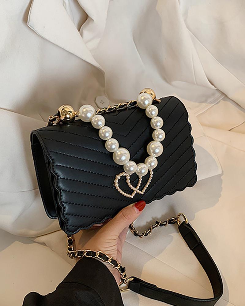 

Chevron Double Heart Beaded Chain Satchel Bag, Black