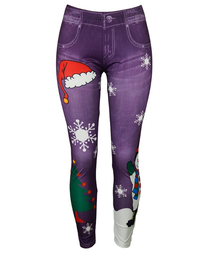 

Christmas Snowman / Tree / Snowflake Print Skinny Pants, Purple