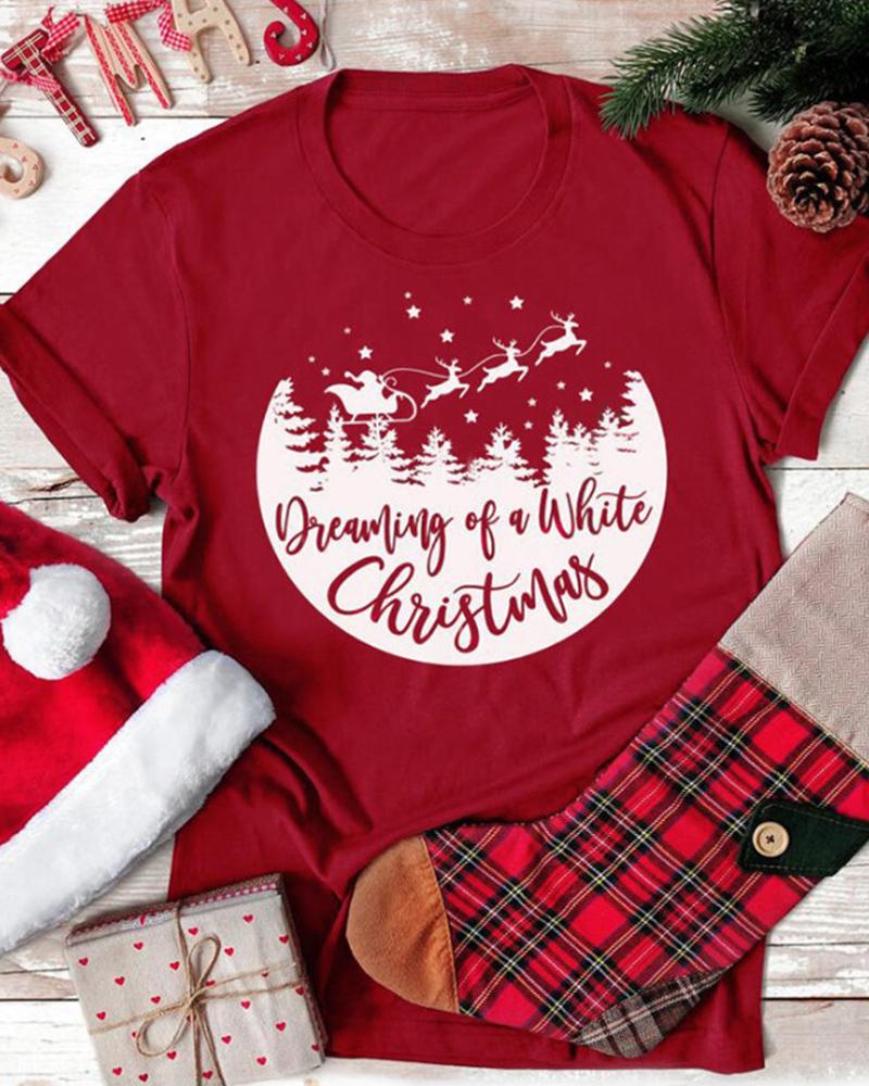 

Christmas Letter Print Short Sleeve T-shirt, Red