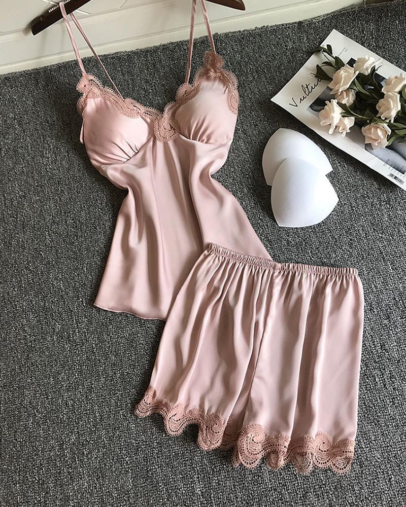 

Satin Lace Trim Padded Cami Set, Pink