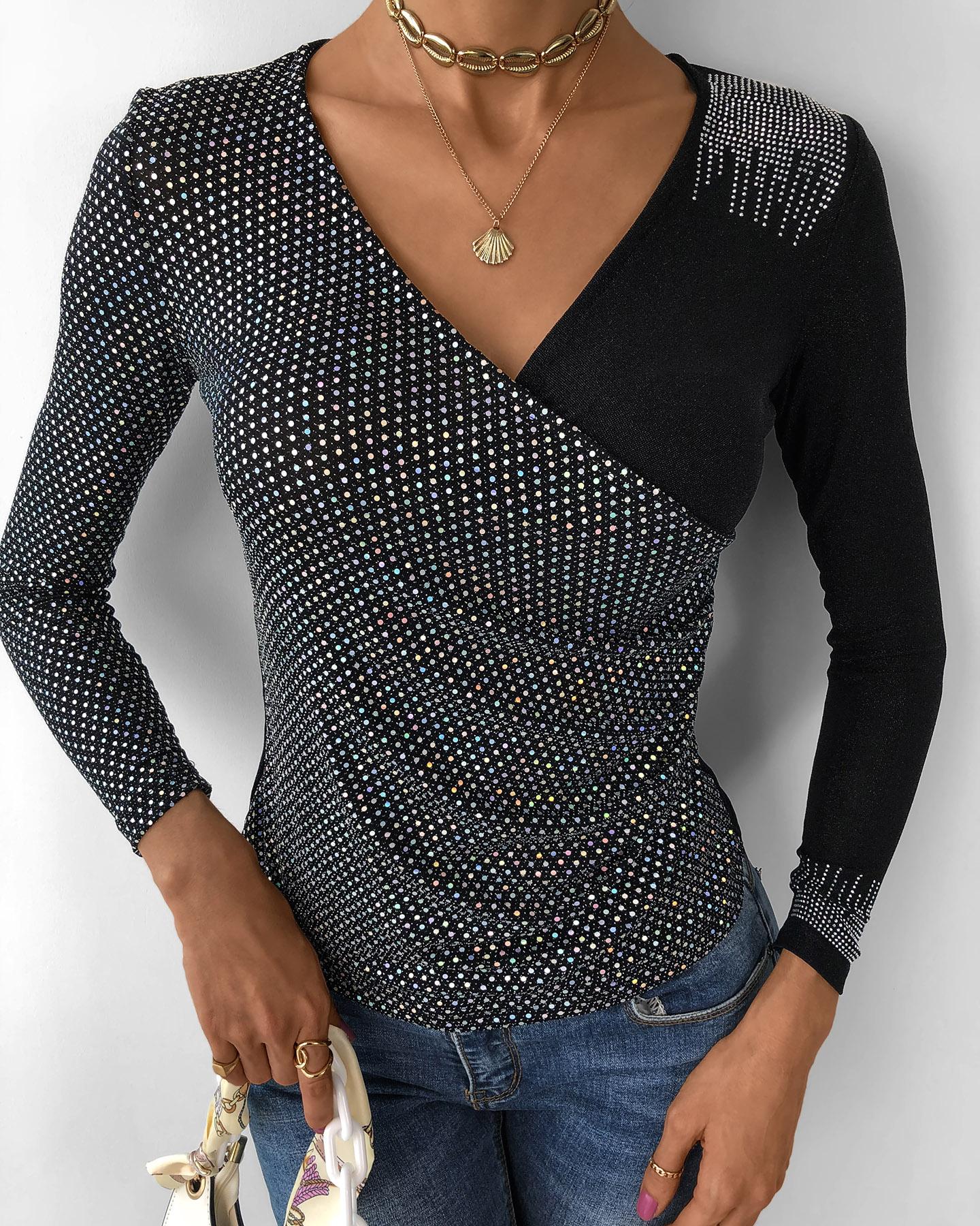 

Studded Long Sleeve Surplice Women Top, Silver
