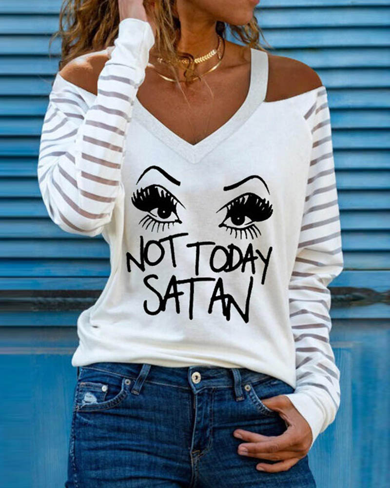 

Eyes Letter Print Cold Shoulder Sheer Mesh Top, White