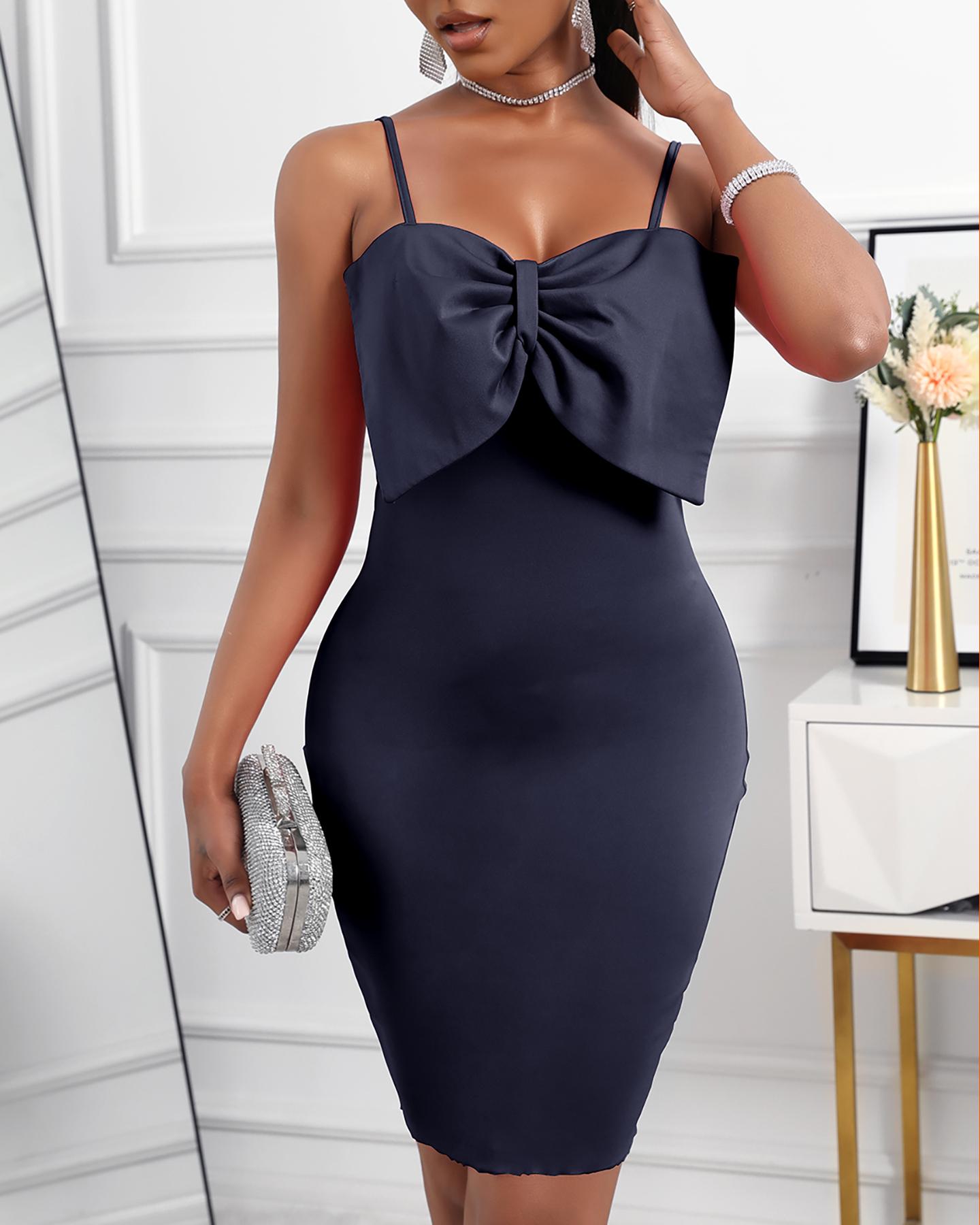 

Spaghetti Strap Plain Bowknot Design Bodycon Dress, Black