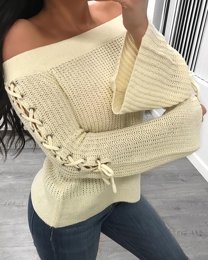 

Solid Lace-Up Design Bell Sleeve Sweater, Beige