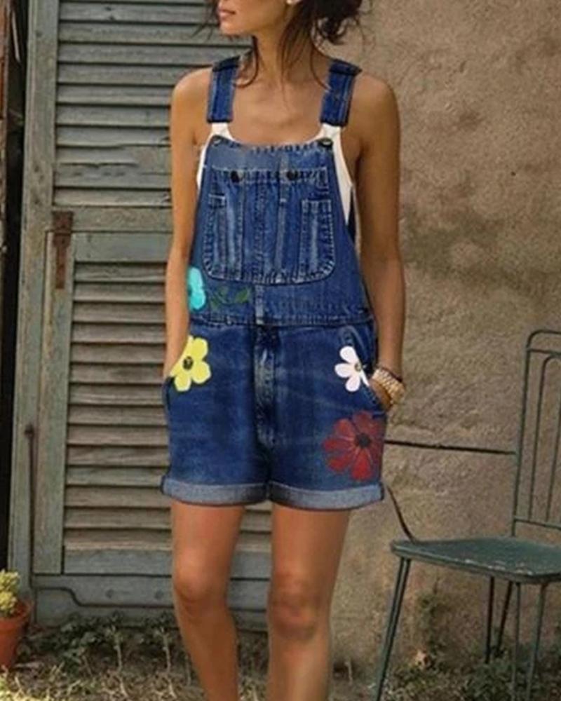 

Floral Denim Suspender Romper, Dark blue