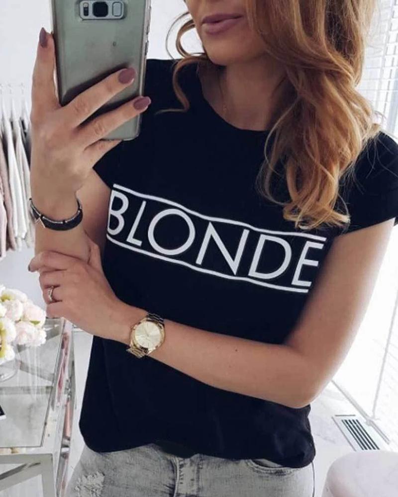 

Round Neck Letter Print Short Sleeve Casual T-shirt, Black