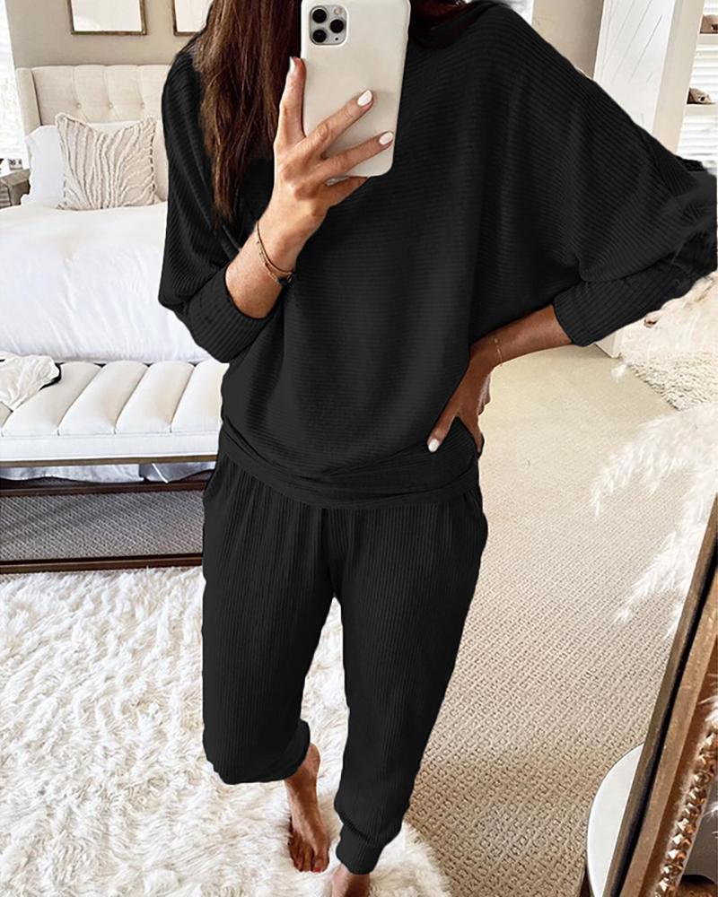 

Ribbed Plain Long Sleeve Top & Pants Set, Black
