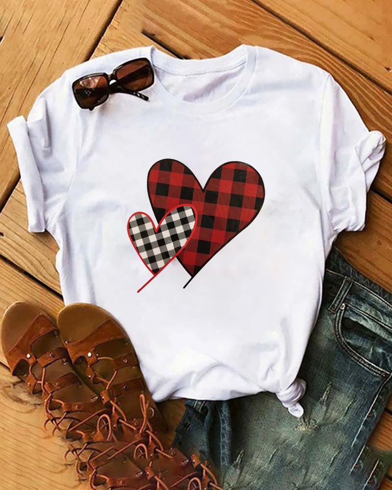 

Heart Print Short Sleeve Casual T-shirt, White