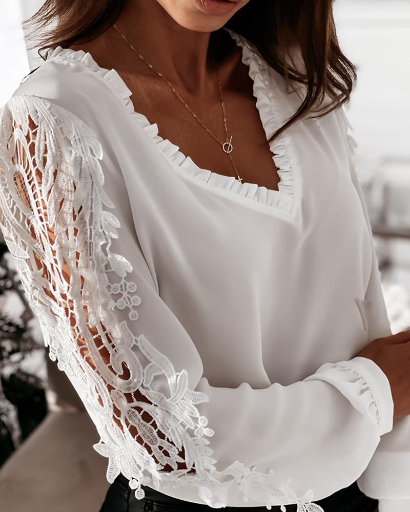 

Lantern Sleeve Hollow-out Lace Top, White