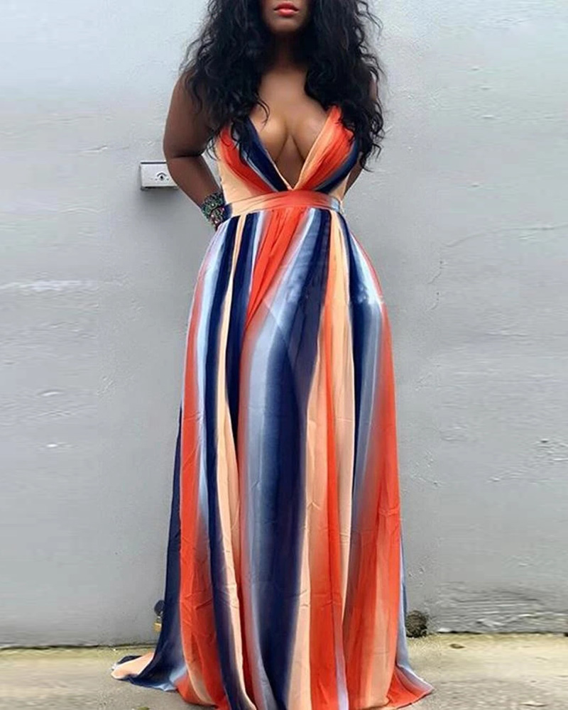 

Striped Colorblock Crisscross Backless Maxi Dress, Orange