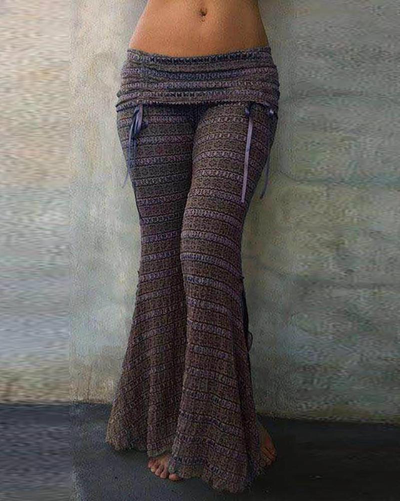 

Vintage Print Lace Up Bootcut Pants, Brown