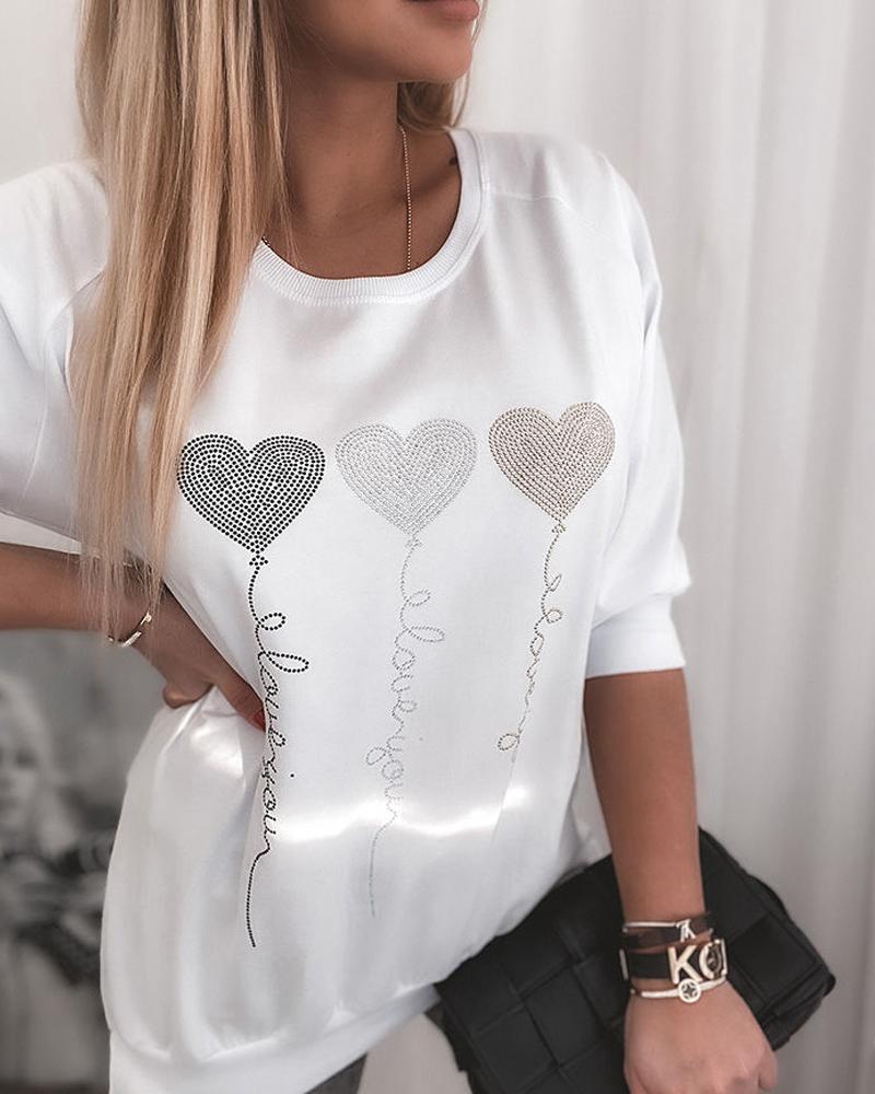 

Studded Heart Pattern Long Sleeve Top, White