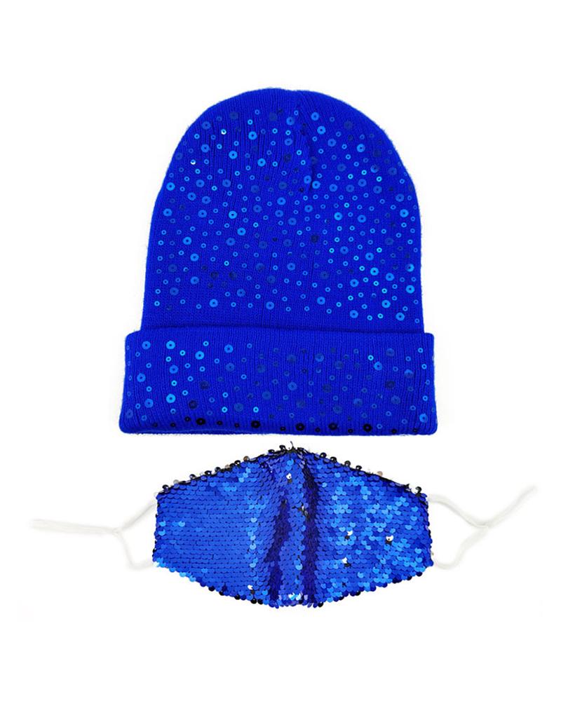 

Sequins Cuffed Beanie With Face Mask, Dark blue