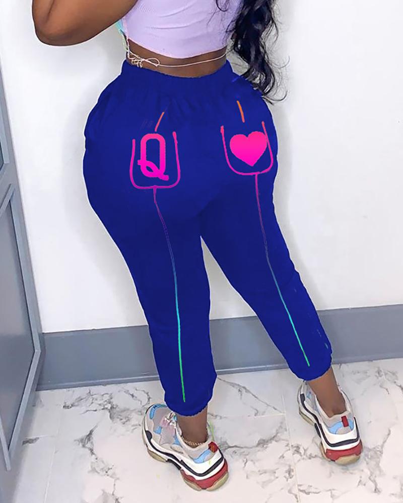 

Poker Print High Waist Cuff Pants, Blue