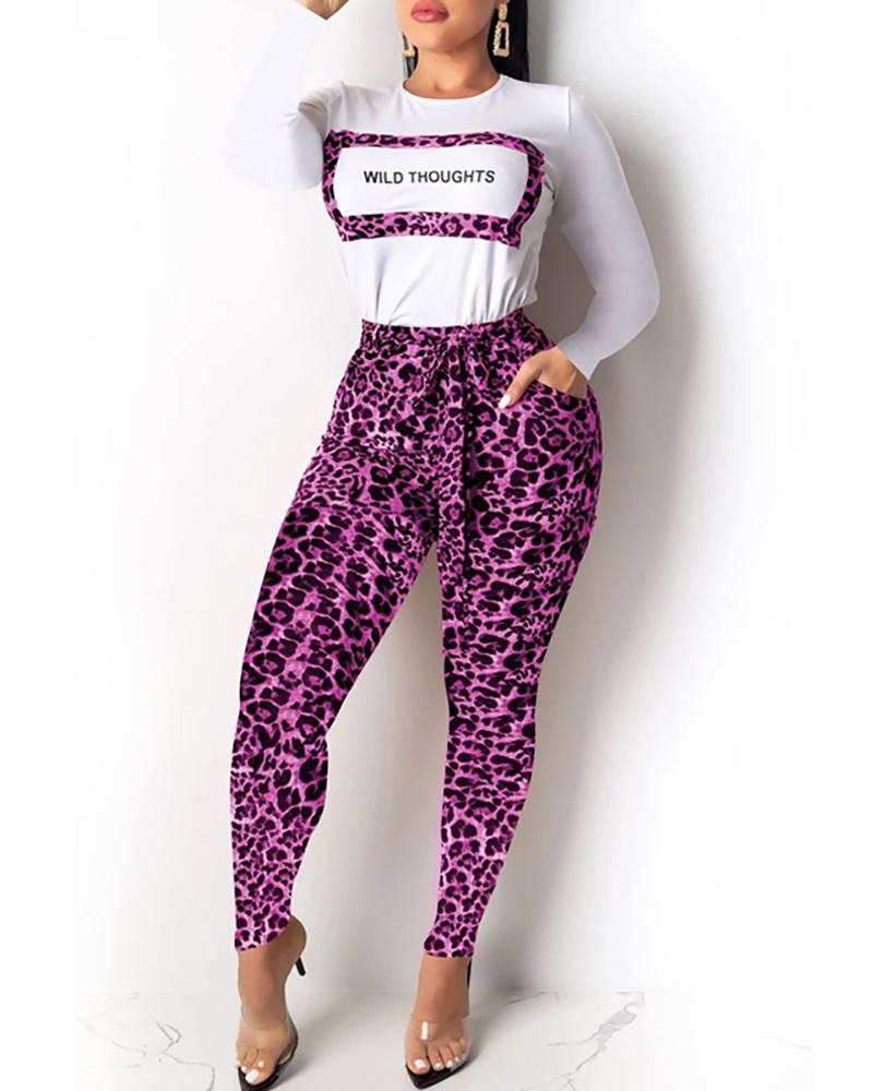 

Cheetah Letter Print Long Sleeve Top & Skinny Pants Set, Purple