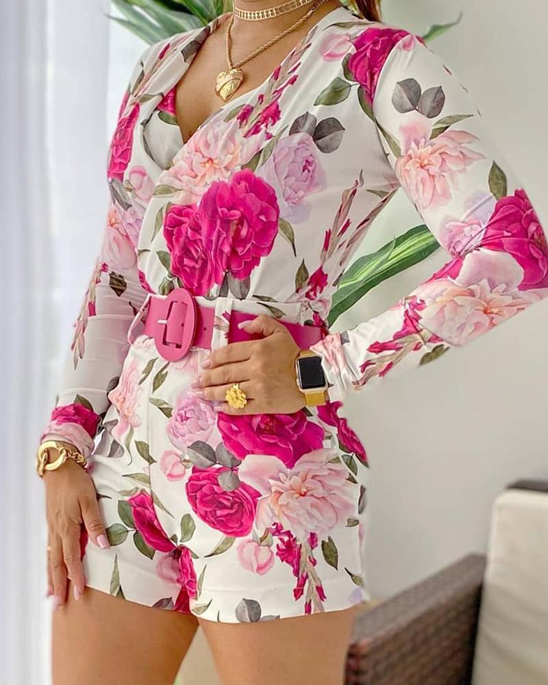 

Floral Print Plunge Top & High Waist Shorts Set, White