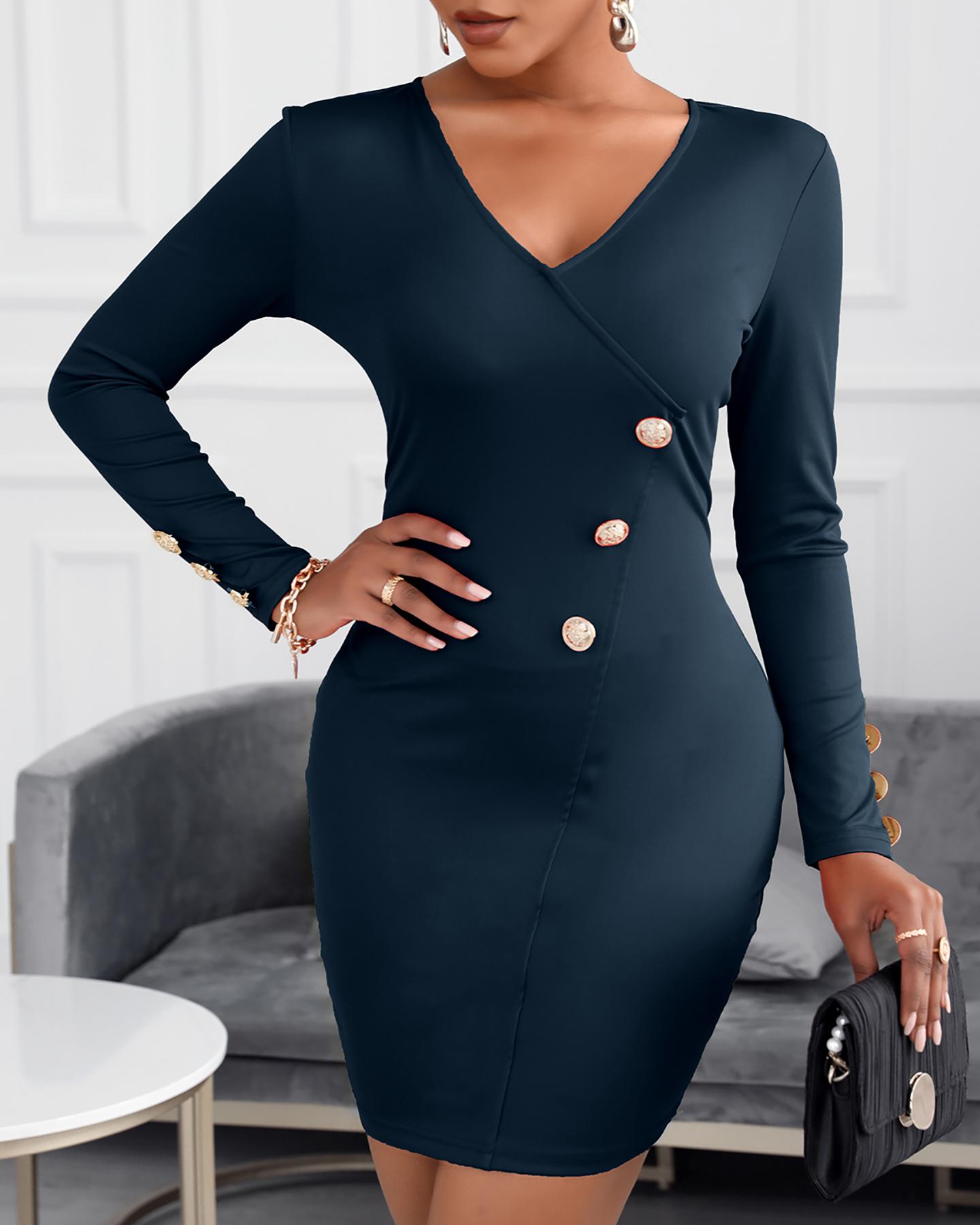 

Long Sleeve Buttoned Wrap Bodycon Women Dress, Black