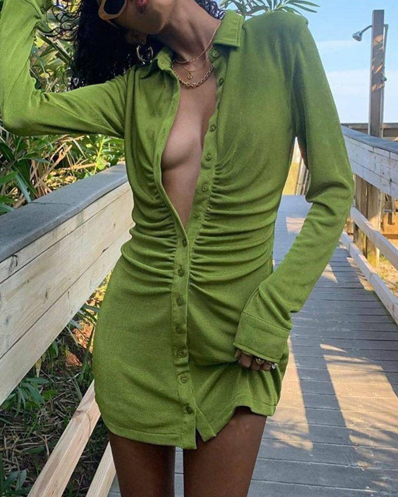 

Button Design Long Sleeve Ruched Dress, Green