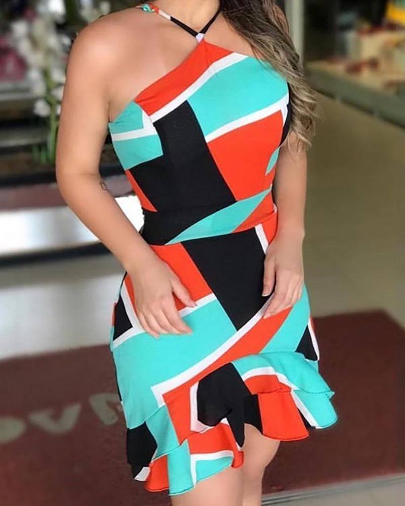 Geo Print Ruffle Hem Bodycon Dress