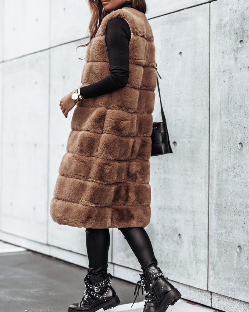 

Plain Fluffy Faux Fur Longline Coat, Khaki