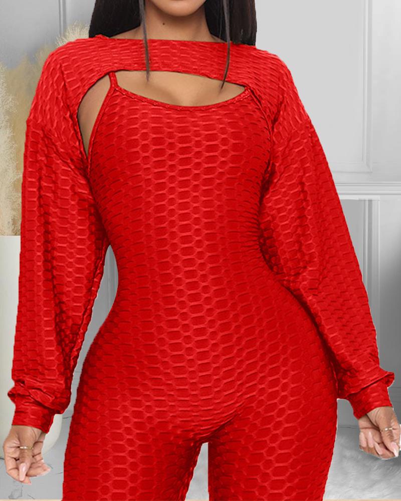 

Textured Lantern Sleeve Top & Spaghetti Strap Jumpsuit Set, Red