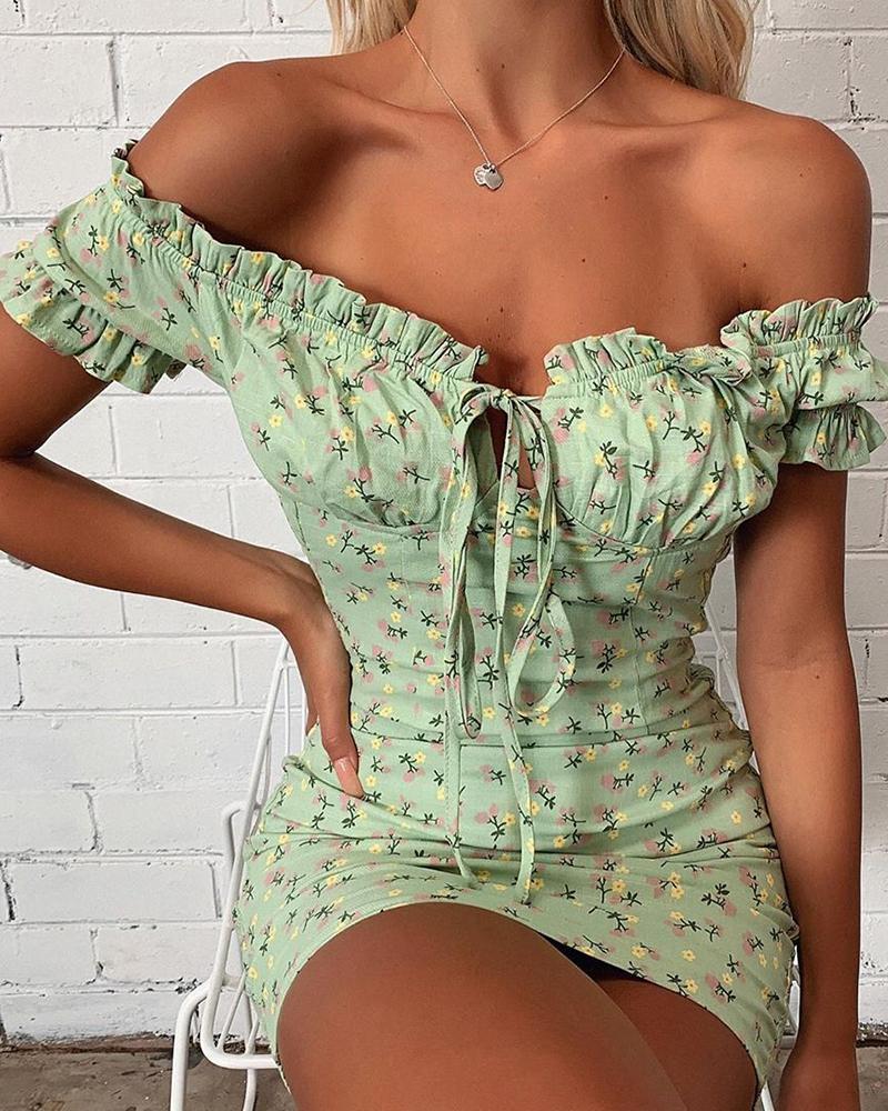 

Off Shoulder Frill Hrm Floral Print Dress, Green
